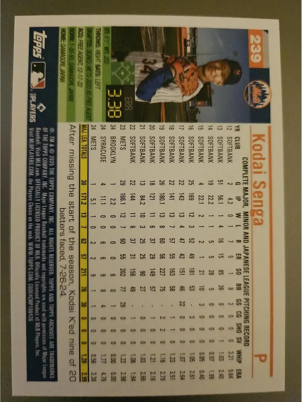 Kodai Senga - 2025 Topps Archives #239 - Mets - RAW mint